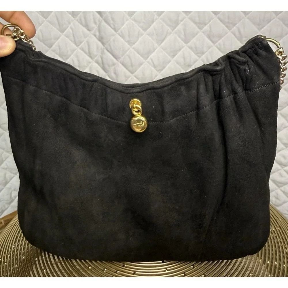 Retro Rock Star Glam Rare Vintage Ande Black Suede‎ Evening Bag Double Chain